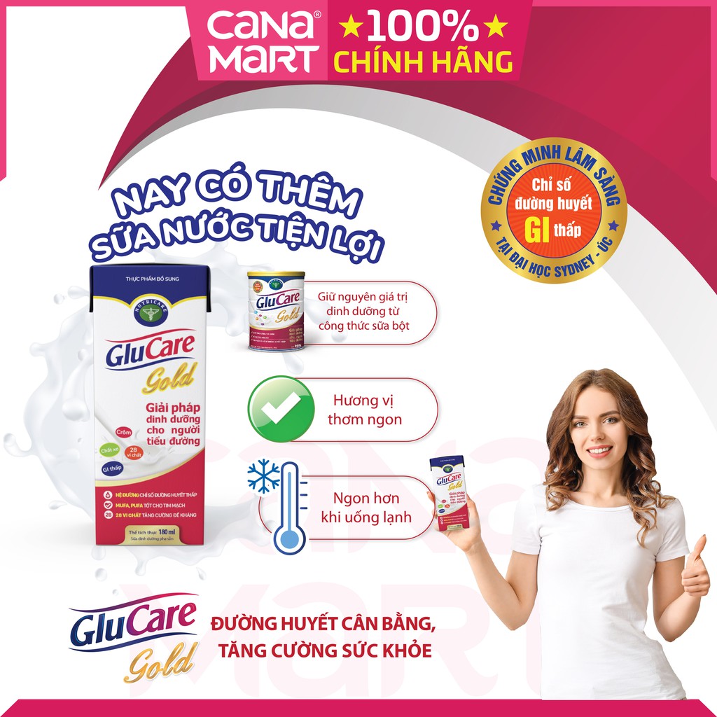 Thùng sữa nước Nutricare Glucare Gold cho người bệnh tiểu đường, phụ nữ tiểu đường thai kỳ (48 hộp x 180ml)