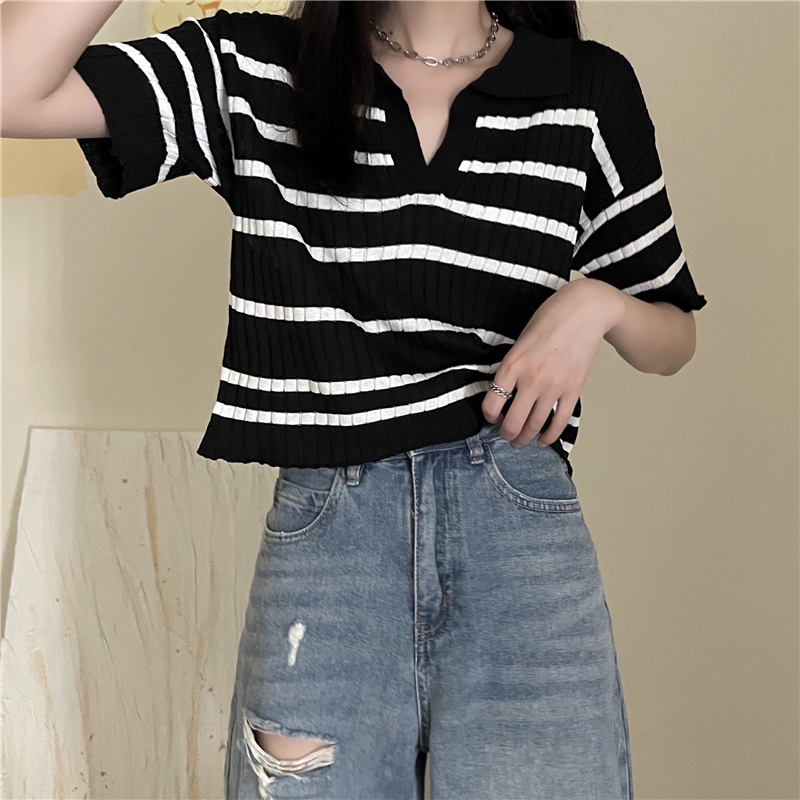 Áo thun len polo nữ ngắn tay form rộng kẻ sọc ngang Thiết kế Hàn Quốc Áo phông len nữ cộc tay Vintage