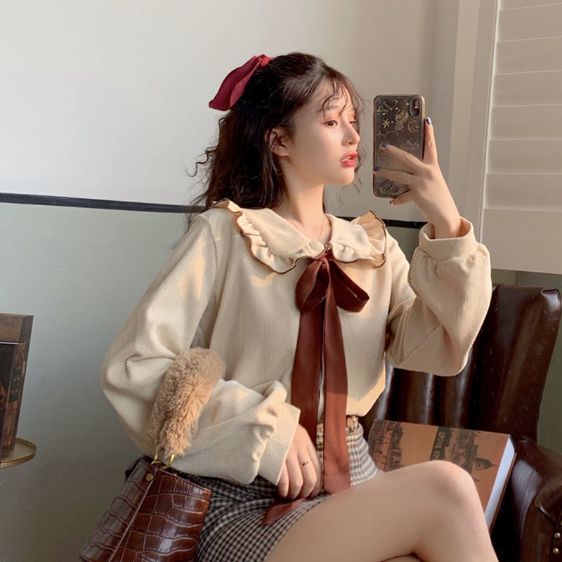 Áo Sơ Mi Dài Tay Cổ Búp Bê Phối Nơ Xinh Xắn Dành Cho Nữ