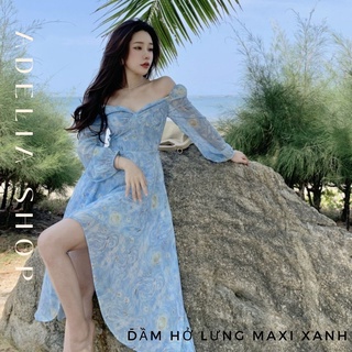 𝑨𝒖𝒓𝒆𝒍𝒊𝒂 | Đầm Maxi Hoa Nhí Màu Xanh Ngọc Cổ Vuông Tay Dài Bồng Khoét Lưng Nhẹ Nhàng, Đầm Công Chúa Đi Biển Chất Voan Nhẹ