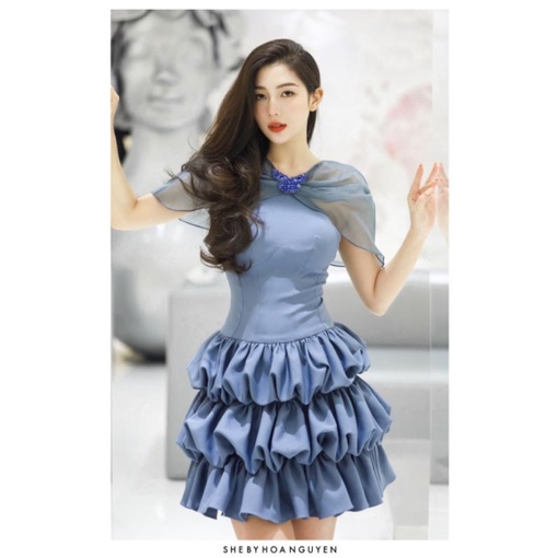 Đầm Dự Tiệc Tầng Tay Voan Kèm Hoa cực chanh xả