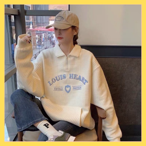 Áo nỉ zip khóa cổ Louis nữ - Áo Sweater nữ cổ cao tay bồng dáng rộng phong cách Hàn Quốc - CHAN CHAN STORE