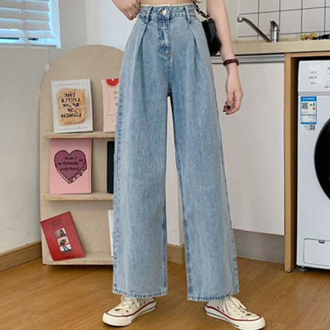 Quần jean dài chín tấc eo cao ống suông rộng phối viền ren phong cách Hàn Quốc cho nữ | BigBuy360 - bigbuy360.vn
