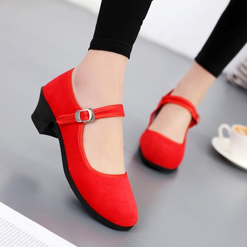 Giày Cao Gót Nhảy Múa Màu Đỏ Đen Phong Cách Tây Tạng Cho Nữ