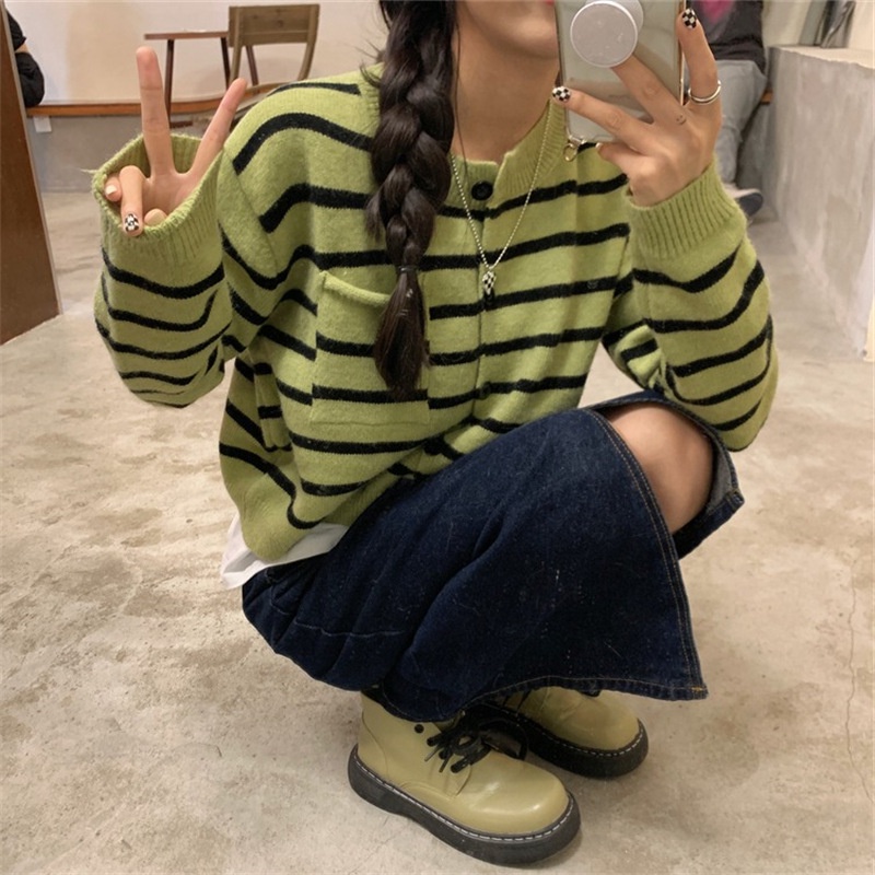 ZHELIHANGFEI Áo Cardigan Dệt Kim Tay Dài Dáng Rộng Lưng Cao Kẻ Sọc Xanh Lá Kiểu Retro Dễ Thương