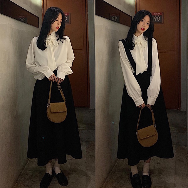 Bigsize M-4XL Set áo sơ mi + váy yếm dáng dài vintage thanh lịch
