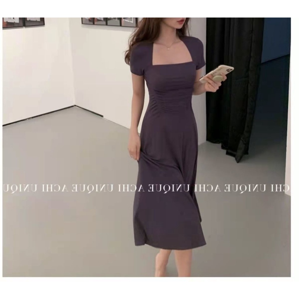 Đầm Chữ A Tay Ngắn Cổ Vuông Ôm Eo Thời Trang Mùa Hè Xinh Xắn Cho Nữ