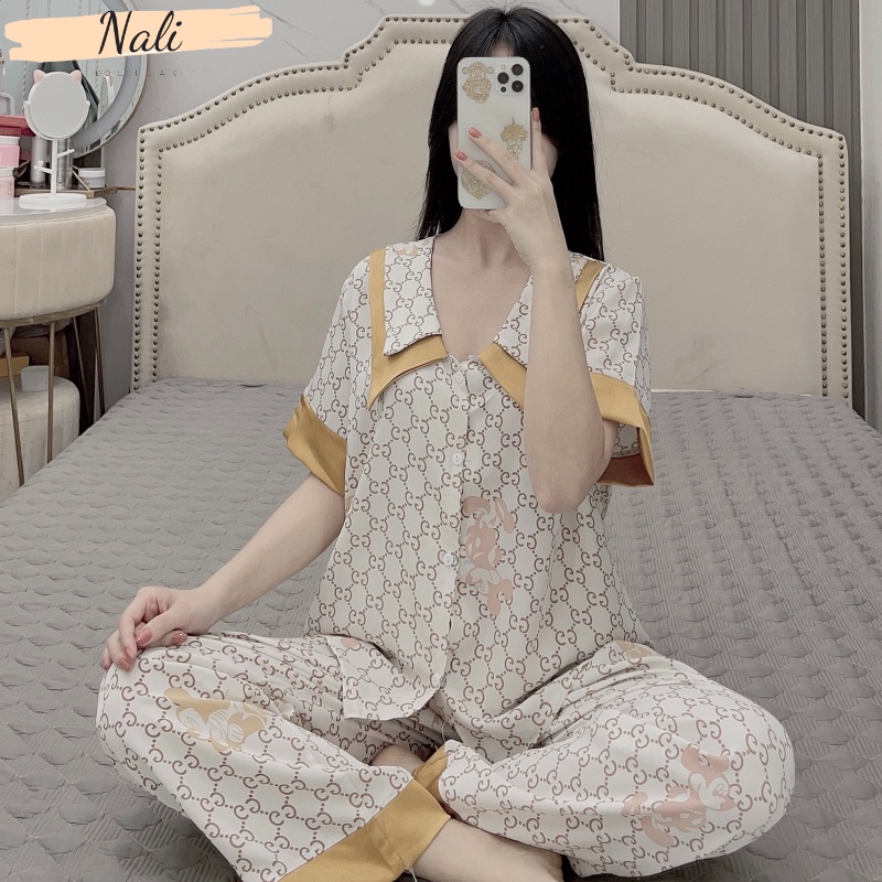 Bộ pijama lụa mango cộc tay quần dài, bộ đồ ngủ nữ pyjama cổ nhọn siêu mềm mát DC05