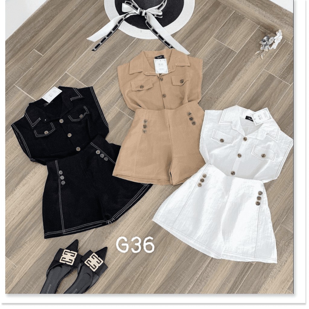 Set bộ áo cổ bẻ cổ sơmi sát nách quần ngắn đính nút chạy viền