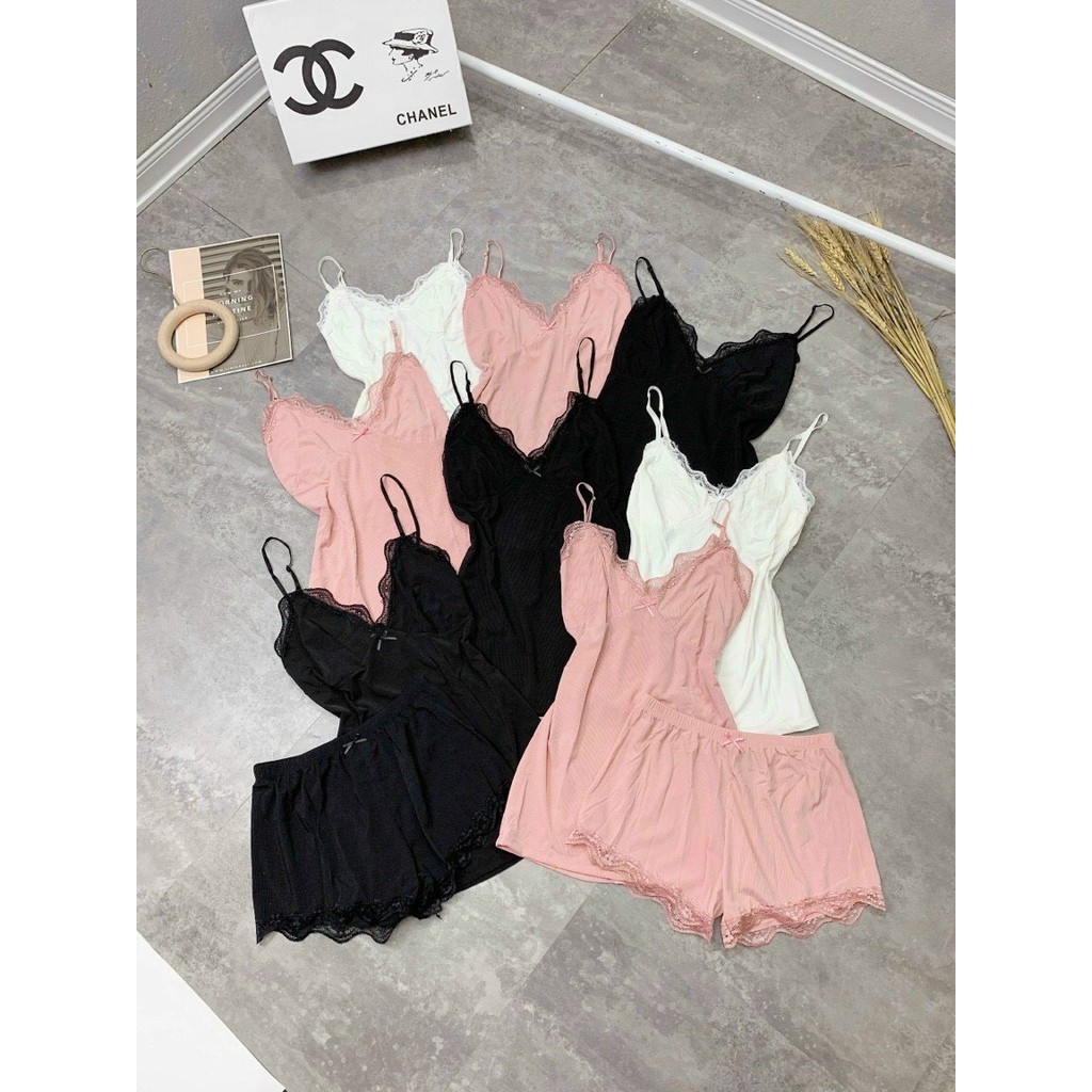 Bộ đồ ngủ len tăm 2 dây viền ren xinh xắn <48kg | BigBuy360 - bigbuy360.vn