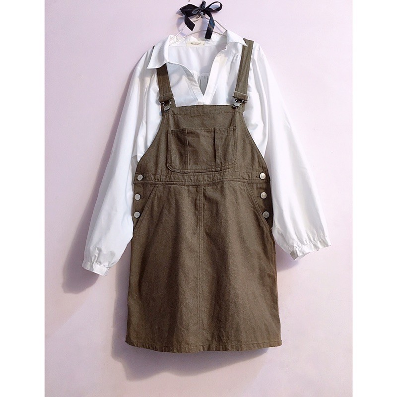 Yếm đầm kaki jean nâu bò cài nút