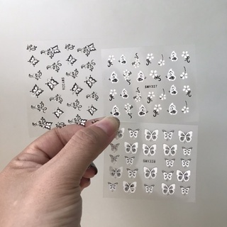Sticker dán móng nail hoa lá trắng đen 3d