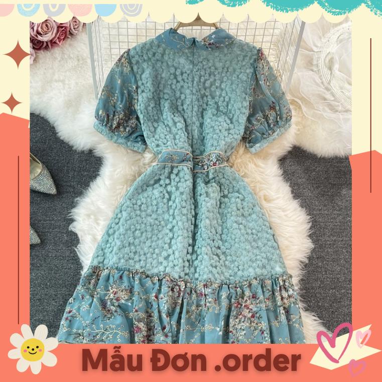 (Mẫu Đơn.order) Đầm tay ngắn dáng ôm màu xanh chất ren đủ size