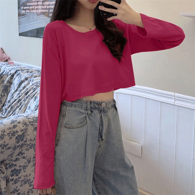 Áo Thun Crop Top Tay Dài Màu Trơn Đơn Giản Phong Cách Hàn Quốc Thời Trang Cho Nữ