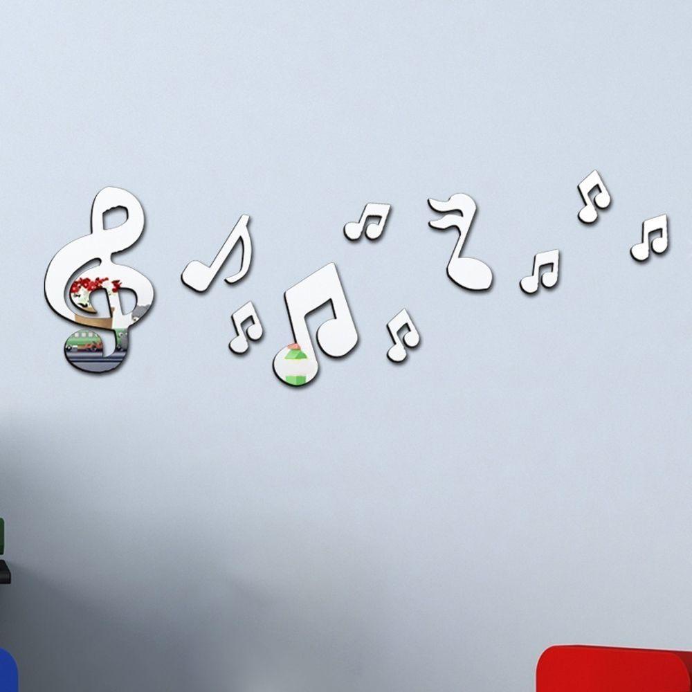 Bộ 10 Miếng Dán Tường Trang Trí Họa Tiết Nốt Nhạc 3D Tráng Gương Cho Phòng Khách Note