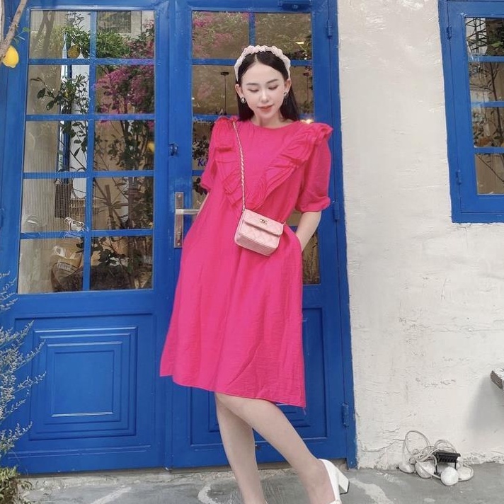 Đầm suông dáng dài COBI Váy đầm cổ tròn phom suông nữ đẹp tay phồng dún bèo trước ngực dưới 60kg bầu bì bon chen