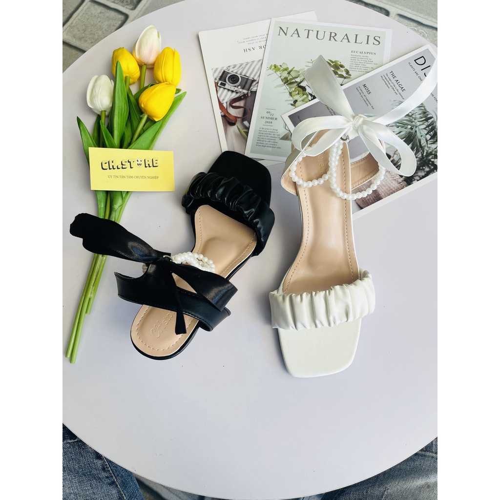 Sandal quai ngọc, cao gót bèo nhún 7p mã H31