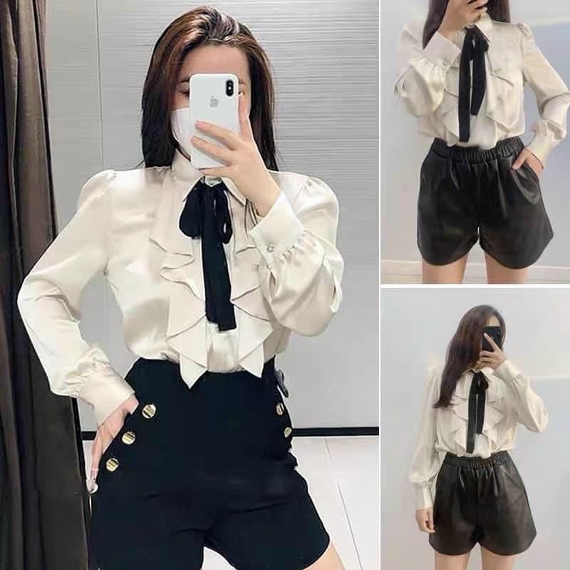 [SẴN/ẢNH THẬT] ÁO SƠ MI LỤA ÁNH BE BÈO CỔ KÈM DÂY NƠ