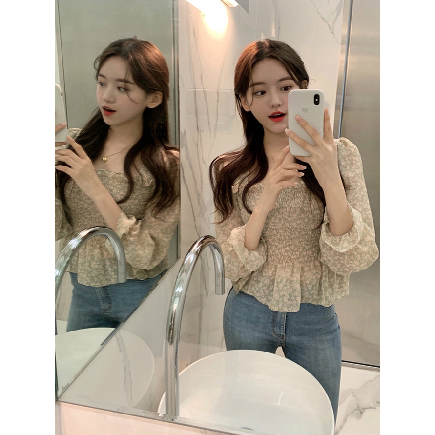 Áo chiffon nữ SUXI tay dài họa tiết hoa phong cách Hàn Quốc