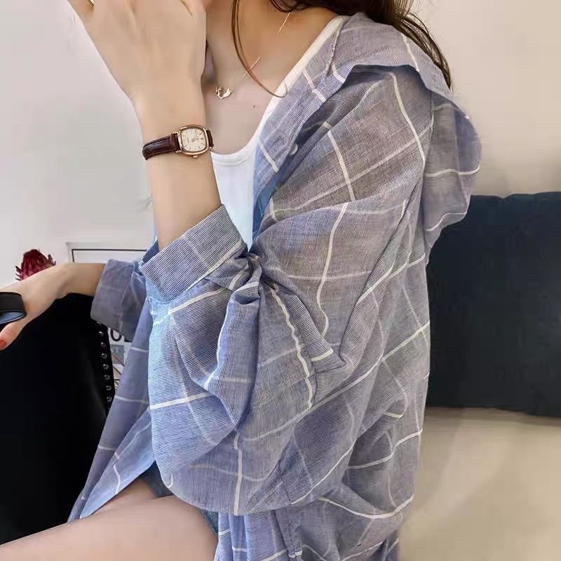 Áo Khoác Sơ Mi Kẻ Sọc Tay Bồng Có Mũ