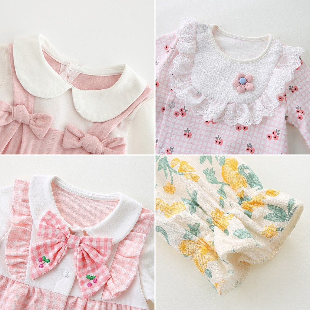Áo Liền Quần Tay Dài Bằng Cotton Phối Ren Hoa Dành Cho Bé Gái 0897