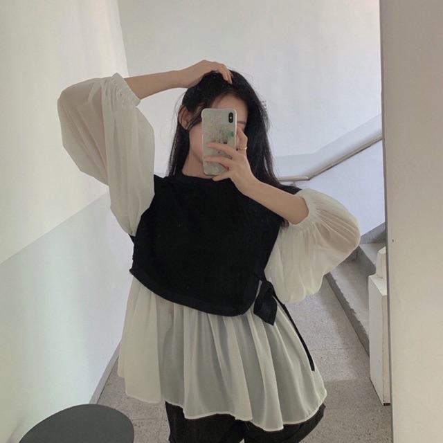 BW DOLL TOP - ÁO BABYDOLL PHỐI ĐEN TÀ LỤA TRẮNG CỘT NƠ HÔNG CỰC XINH