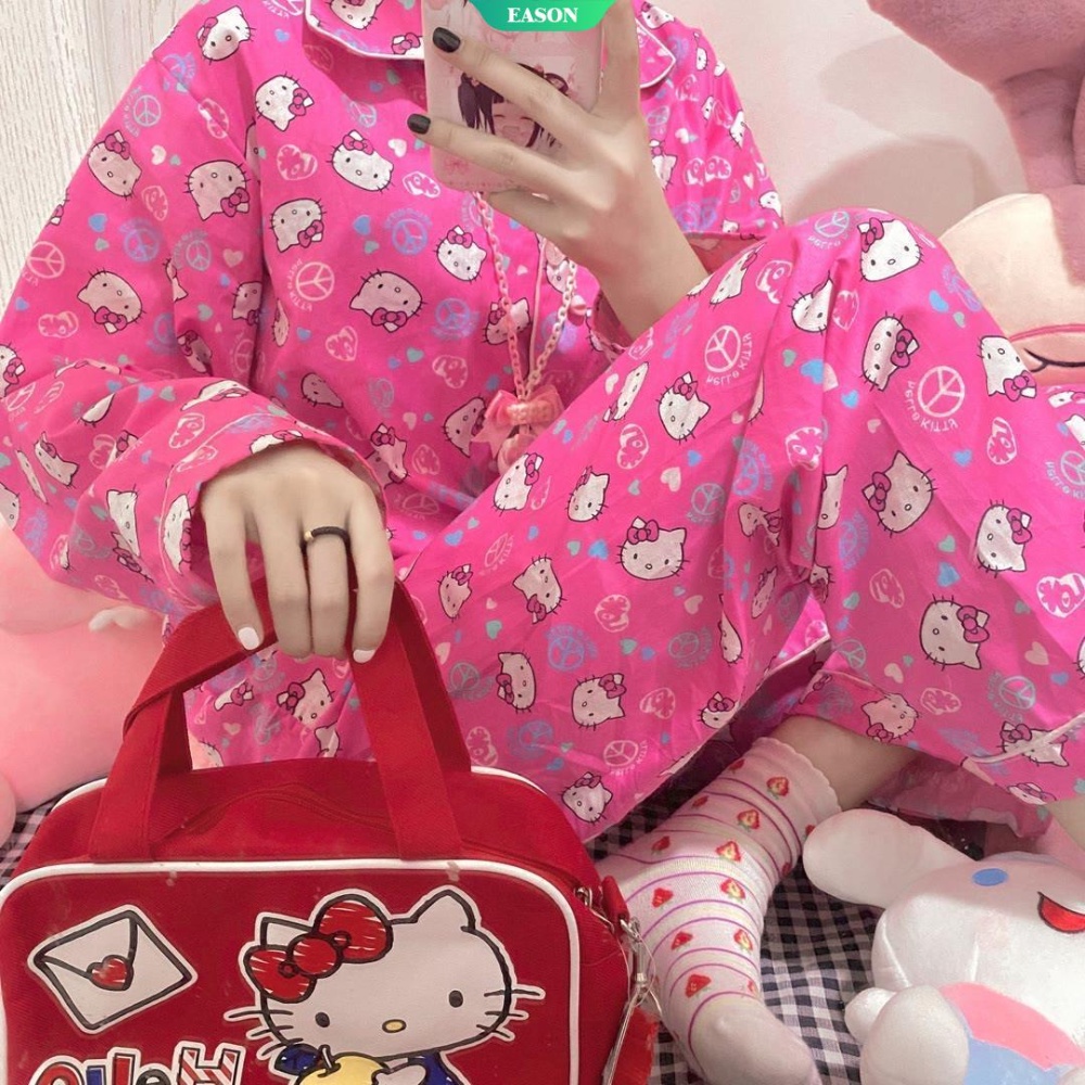 Bộ Đồ Ngủ Dài Tay Cỡ Lớn In Hình Hello Kitty Dành Cho Nữ