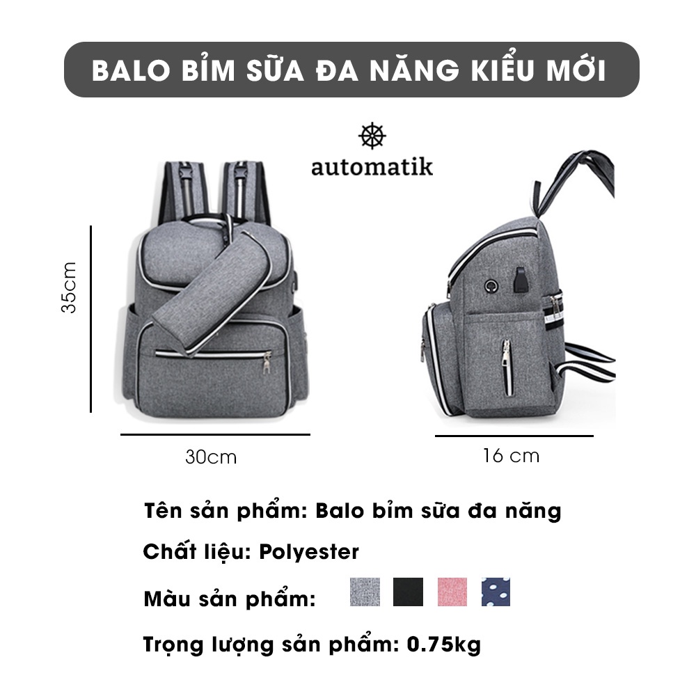 Balo Bỉm Sữa Đa Năng Chống Nước Giữ Nhiệt Túi Đựng Đồ Cho Mẹ Và Bé + Tặng Khẩu Trang Cho Bé - Automatik