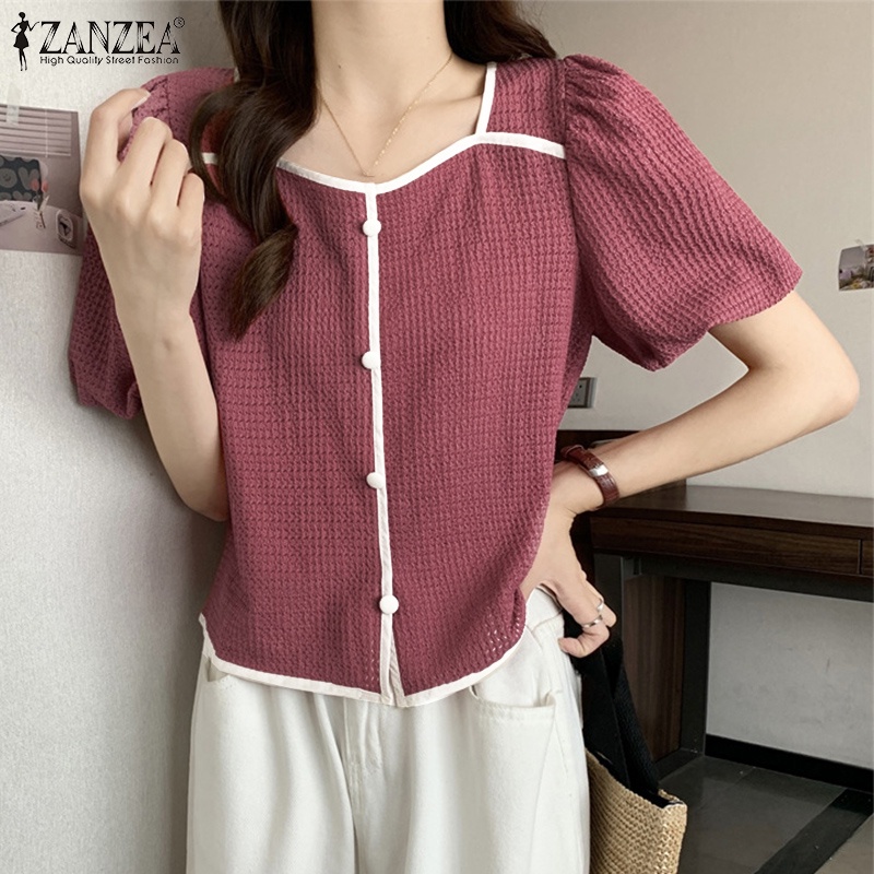 Áo kiểu ZANZEA ngắn tay cổ vuông phối nút thời trang Hàn Quốc cho nữ