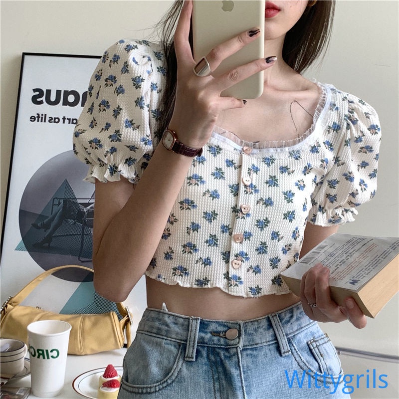 Áo kiểu nữ in hoa cổ điển tay ngắn phồng cổ chữ U viền ren thời trang mùa hè