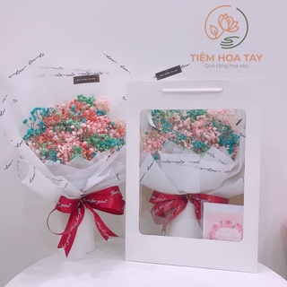 Bó hoa baby cầu vồng nhiều màu kèm túi làm quà tặng