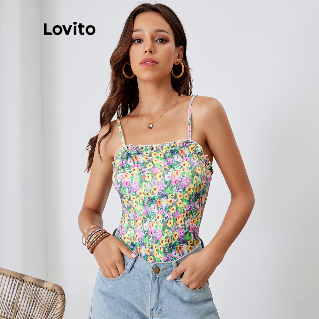 Lovito Boho Hoa Frill Áo liền quần L24LD103 (Xanh lục)