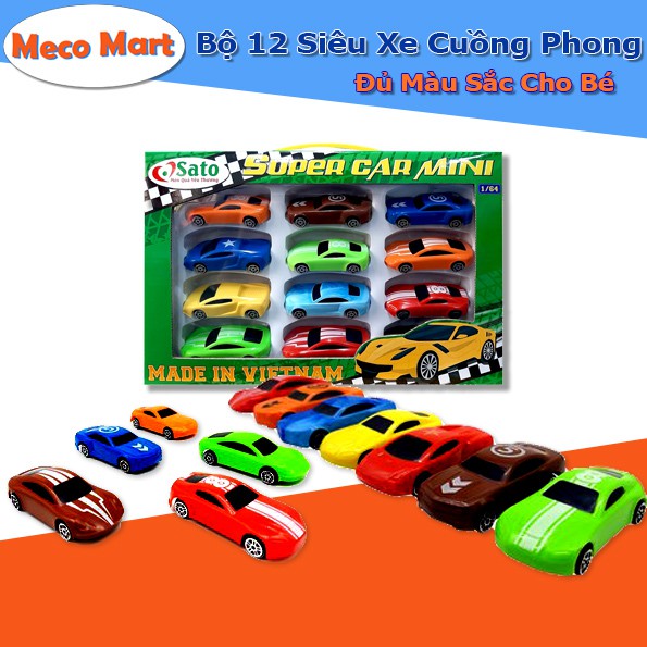 🚗BỘ ĐỒ CHƠI 12 XE ÔTÔ Mini CHẠY ĐÀ, Siêu Xe Cuồng Phong Sato06; Nhựa An Toàn, Đồ Chơi Trí Tuệ Trẻ Em MECO MART