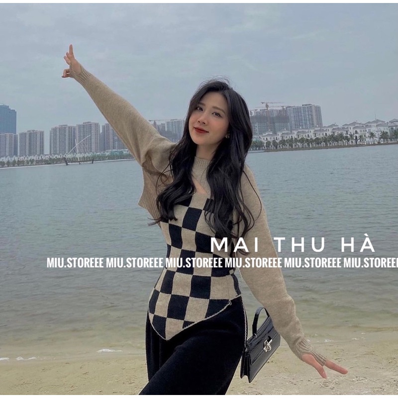 SET ÁO HAI DÂY KẺ CARO KÈM ÁO LEN CHOÀNG | BigBuy360 - bigbuy360.vn