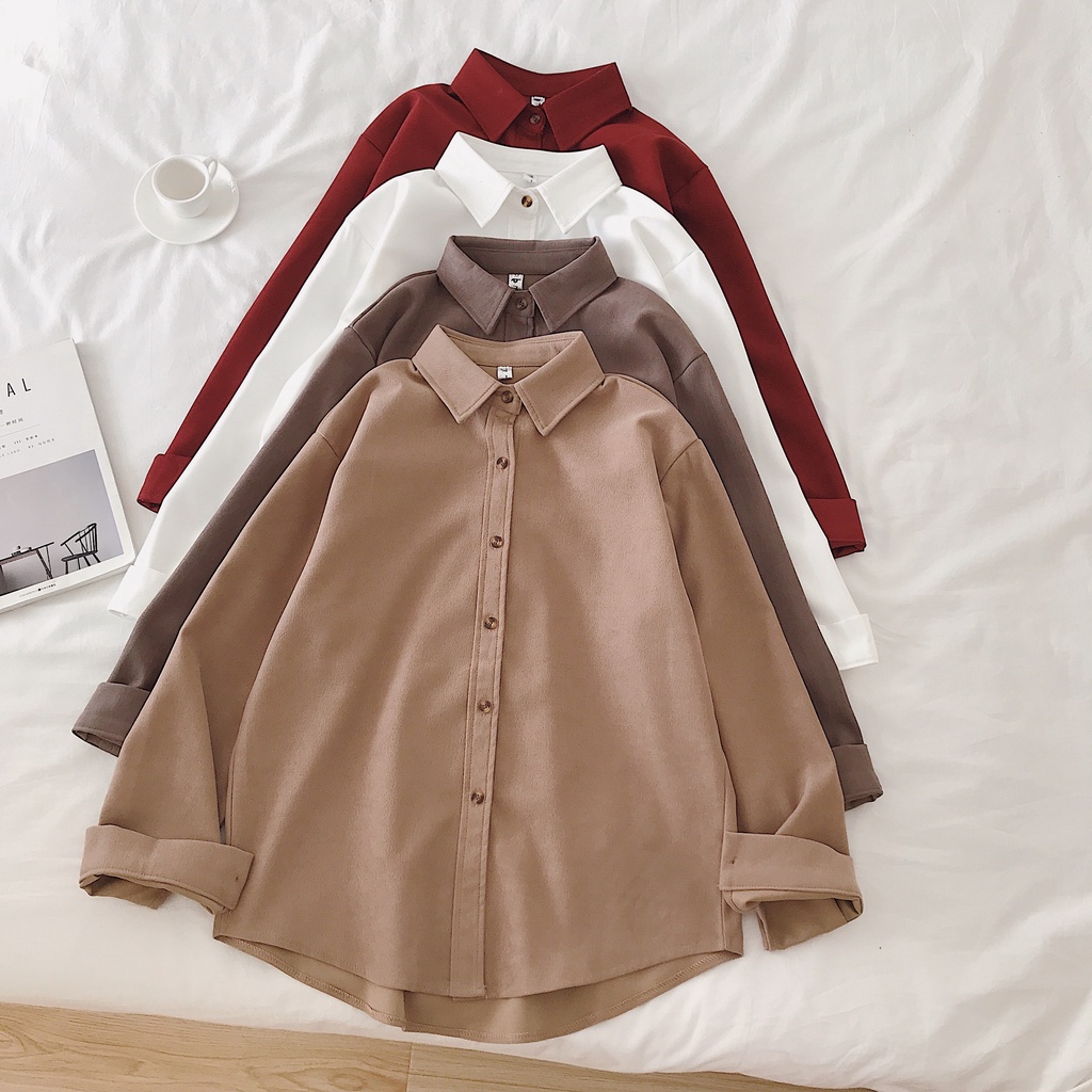 Áo sơ mi SUXI tay dài dáng rộng nhiều màu sắc tùy chọn phong cách retro thời trang đơn giản dành cho nữ