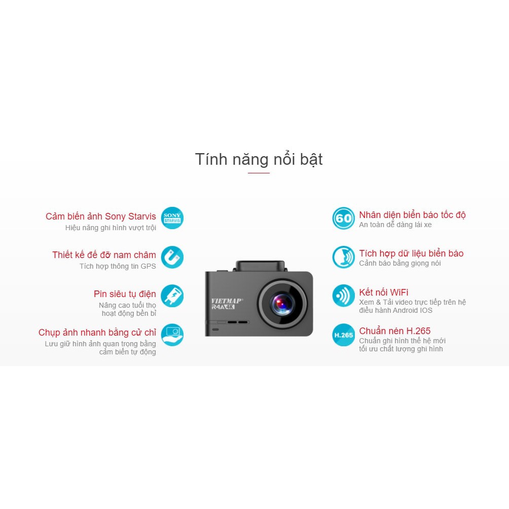 (Miễn phí lắp đặt) Camera hành trình Vietmap R4A 4K Pin siêu tụ điện, có WIFI,GPS, có nhận diện biển báo,Tặng thẻ 32G