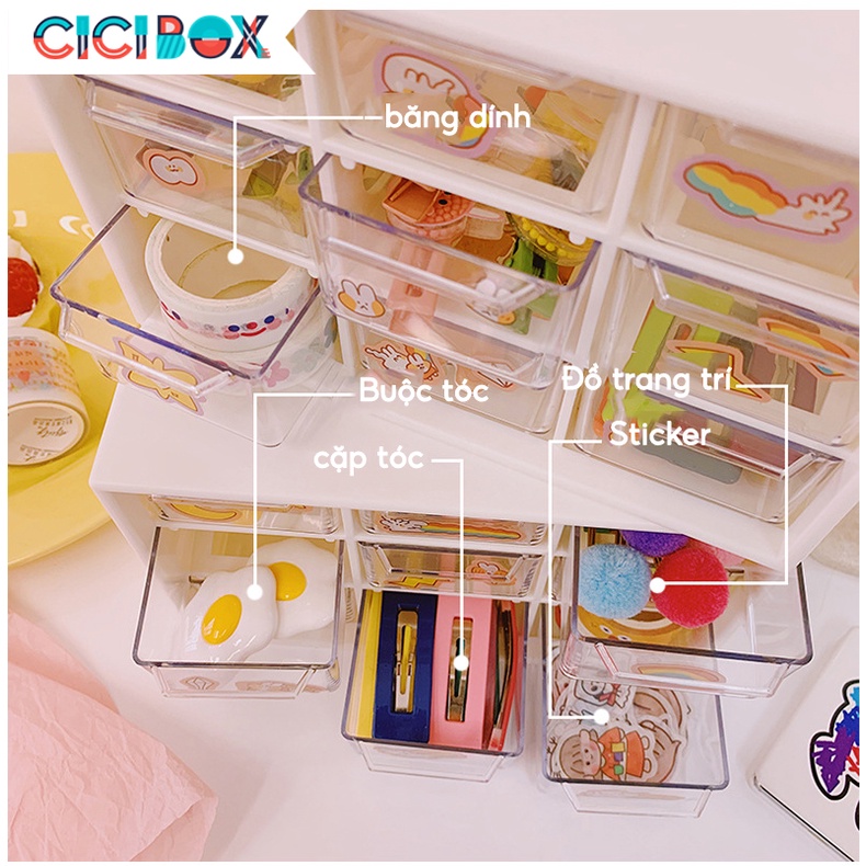 Tủ Mini 9 Ngăn Kéo Để Bàn, Treo Tường Đựng Phụ Kiện Mỹ Phẩm Tiện Lợi Kệ Nhựa 9 Ô Đa Năng CICIBOX