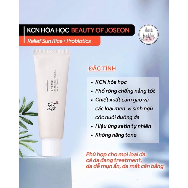 Kem chống nắng hoá học BEAUTY OF JOSEON Relief Sun Rice+ Probiotics