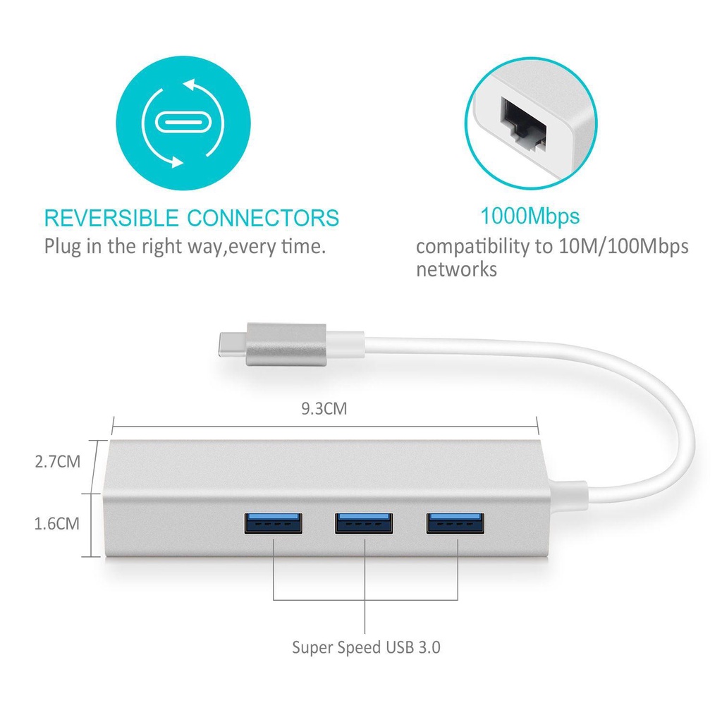 Cáp Chuyển Đổi USB 3.0 Hub / Thẻ Mạng Gigabit USB 3.0 Sang RJ45 4 Trong 1 Chuyên Dụng Cho Laptop