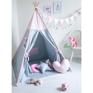 Lều vải cho bé gái màu ghi hồng vải kaki cotton 100% cọc gỗ tự nhiên Lều Thiên Ý | Teepee Tent with Stabilizer
