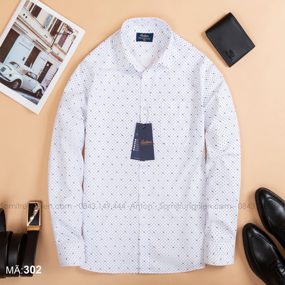 Áo Sơ Mi Nam Công Sở Trung Niên Thương Hiệu Anton Màu Trắng Họa Tiết Nhí Vải Cotton- X302