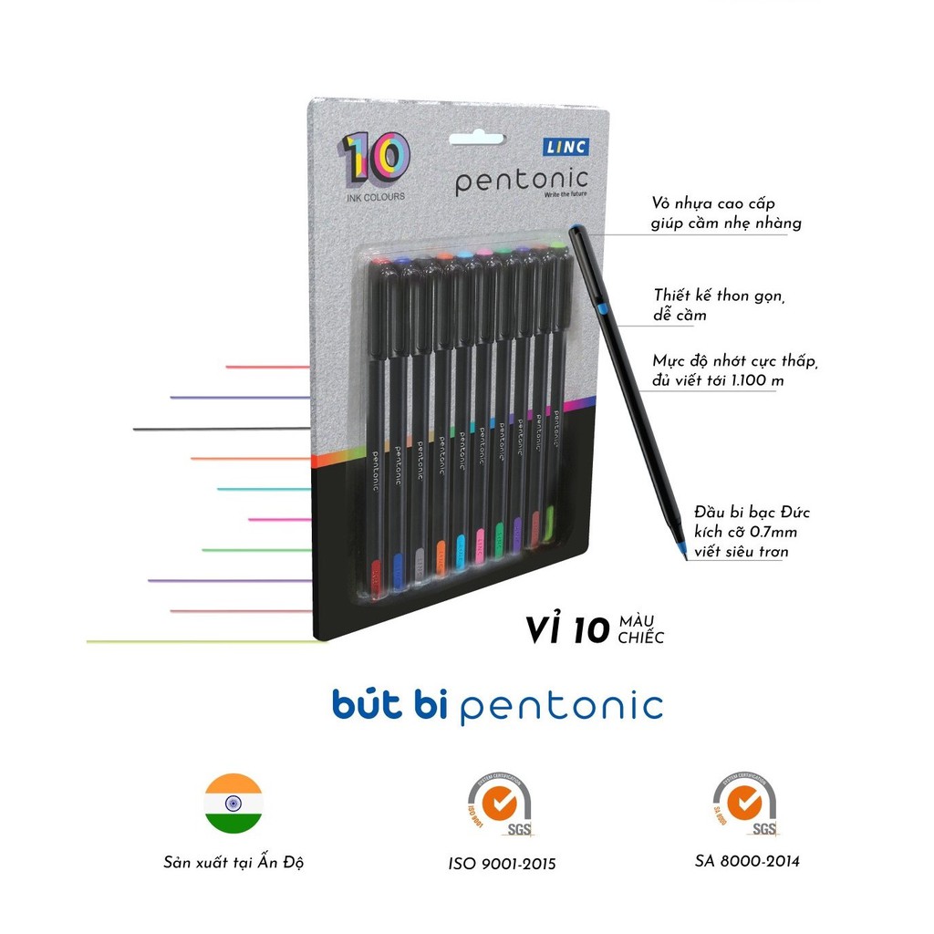Bộ 10 bút bi 10 màu tươi sáng LINIC Pentonic - nét 0.7mm