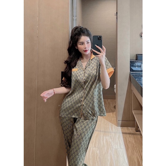 Đồ bộ đồ mặc nhà pijama đồ sau sinh dài tay thiết kế gucci xanh xước
