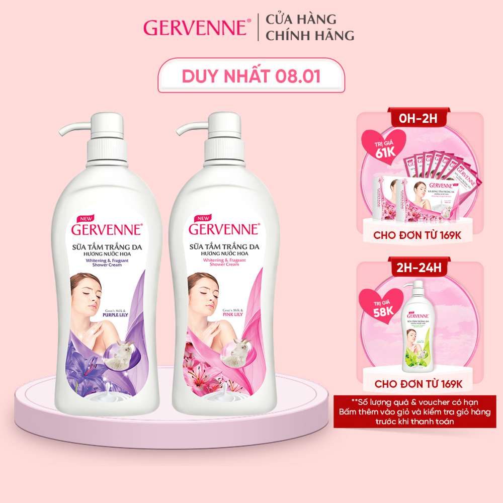 Combo 2 Sữa tắm trắng da Gervenne Lily 900g/chai (1 Pink, 1 Purple)