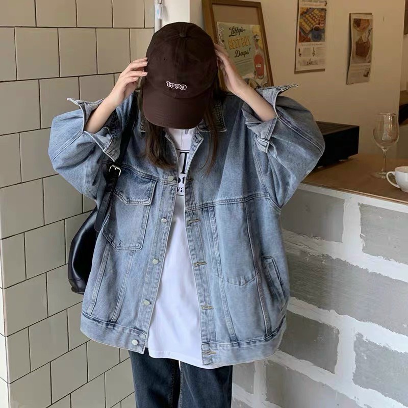 Áo denim nữ Hàn Quốc form rộng túi nắp F68