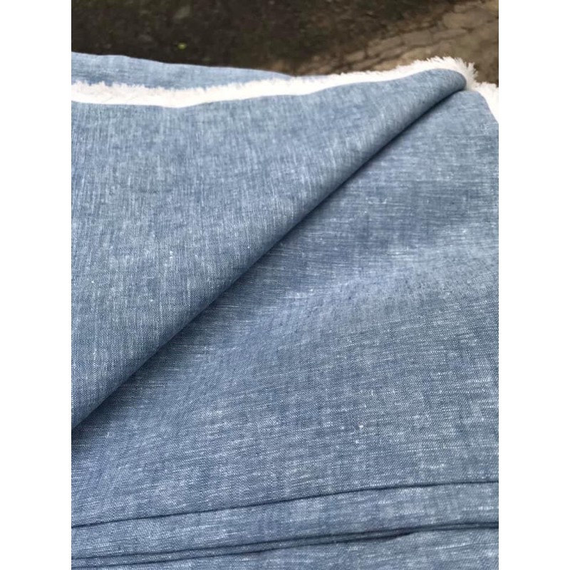 vải linen tưng 2 sợi xanh đá nhạt( biên xù trắng)
