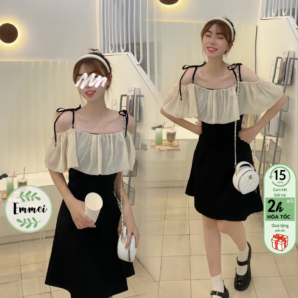 Váy đen trễ vai bèo tơ óng dáng ngắn sang trọng Emmei - v162