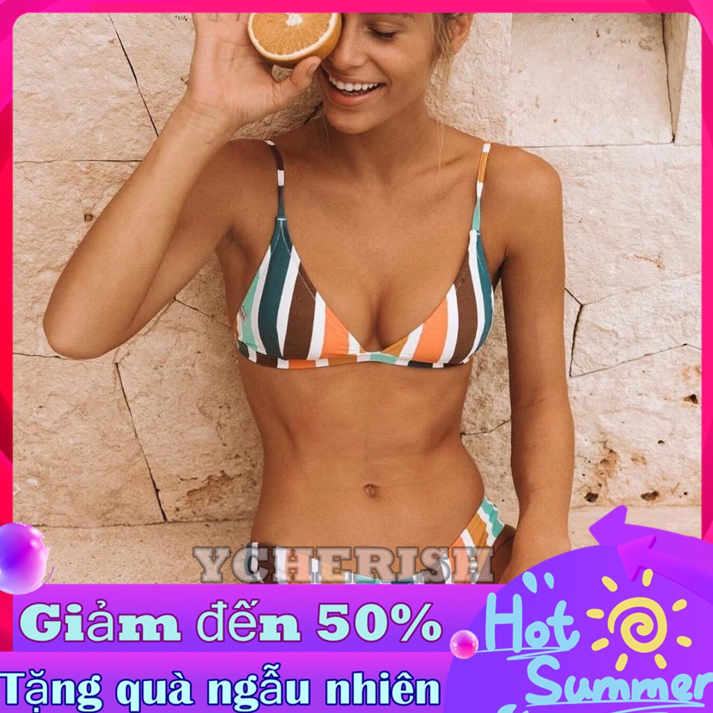 Bộ bikini dây kẻ sọc màu cầu vồng quyến rũ cho nữ