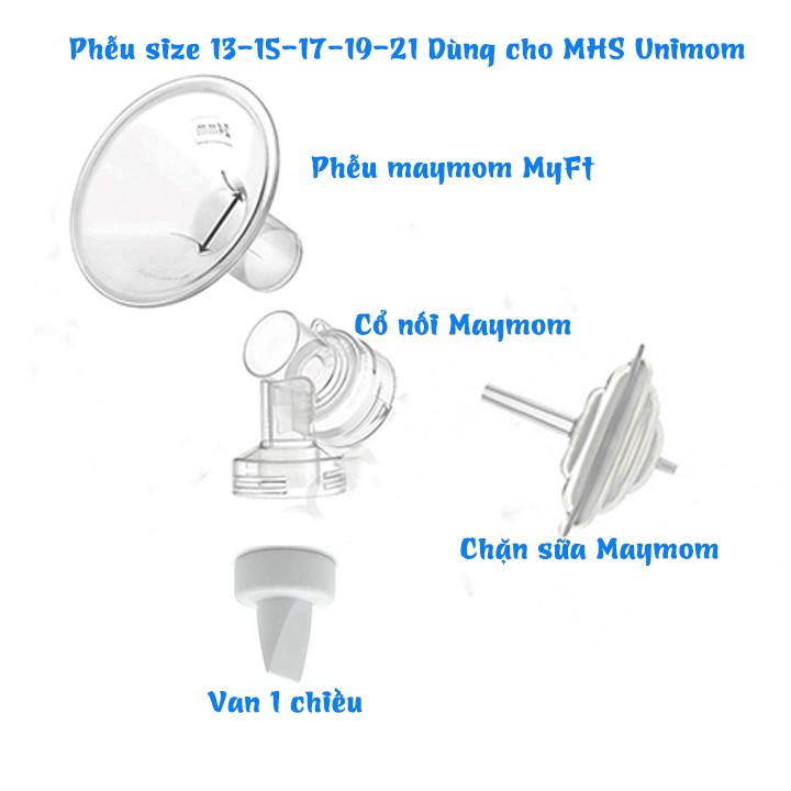 [ UNIMOM ]Bộ phụ kiện phễu hút sữa size 13 15 17 19 21mm Maymom  dùng cho các máy như Unimom, Realbubee, Ameda