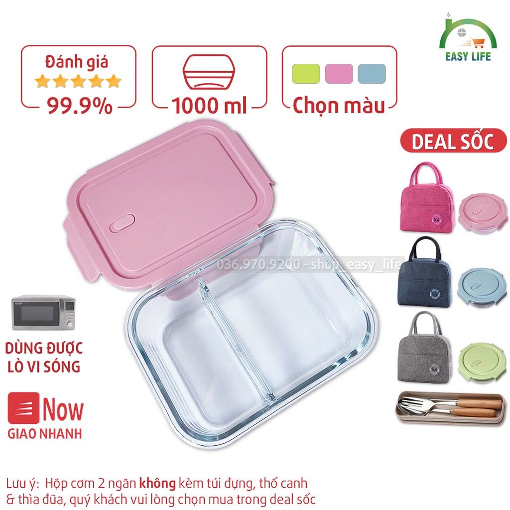 Hộp Cơm Văn Phòng 2 Ngăn Thủy Tinh Chịu Nhiệt - 1000ml [Dùng Được Trong Lò Vi Sóng]